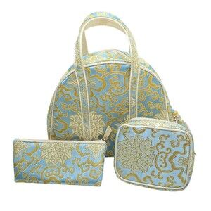 Vtg 60s Baby Blue Gold Chinoiserie Vanity Case 3pc Cosmetic Travel Bag Set